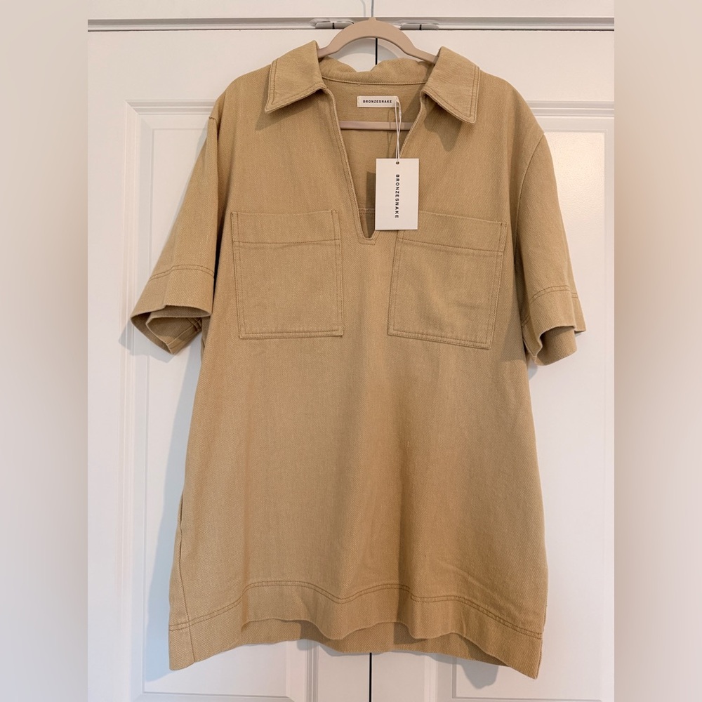 Aeronora Short-Sleeve Polo Mini Dress in Tan